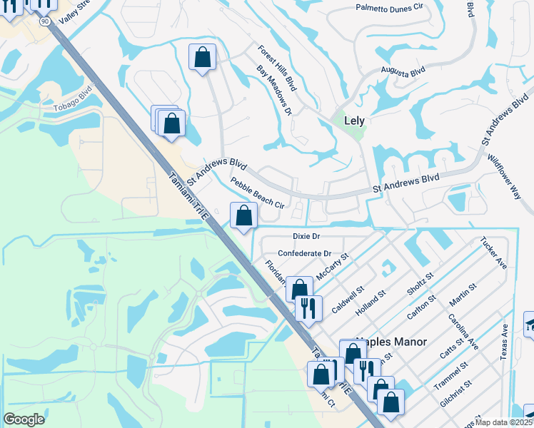 map of restaurants, bars, coffee shops, grocery stores, and more near 240 Pebble Beach Circle in Naples