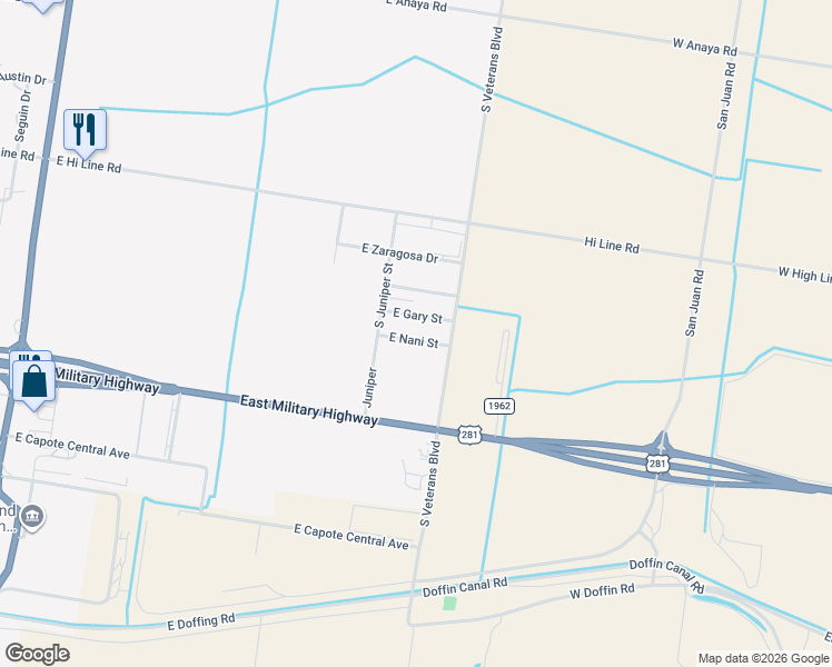 map of restaurants, bars, coffee shops, grocery stores, and more near 1315 Nani Street in Pharr