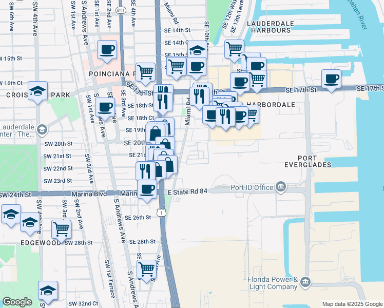 map of restaurants, bars, coffee shops, grocery stores, and more near 2100 Miami Road in Fort Lauderdale