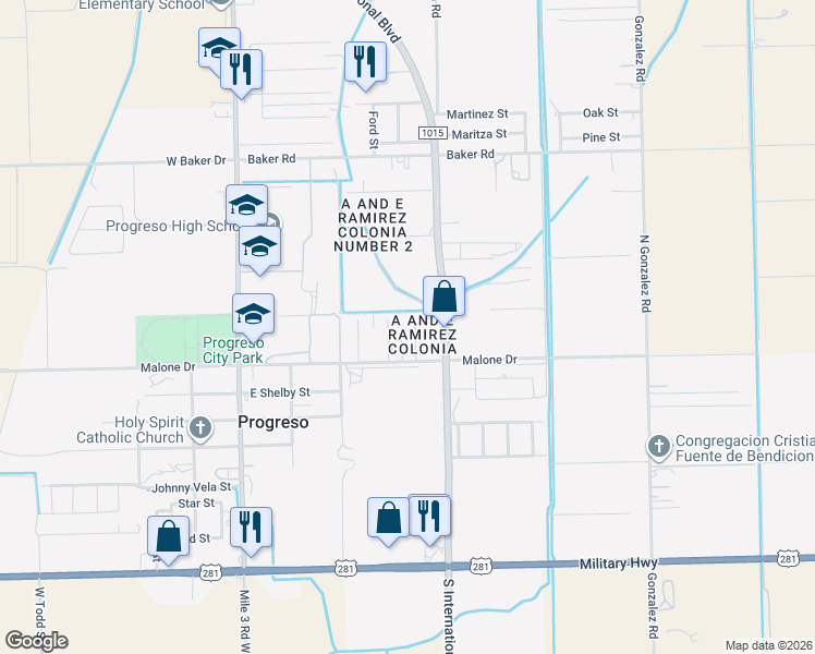 map of restaurants, bars, coffee shops, grocery stores, and more near 208 Danita Jo Street in Weslaco