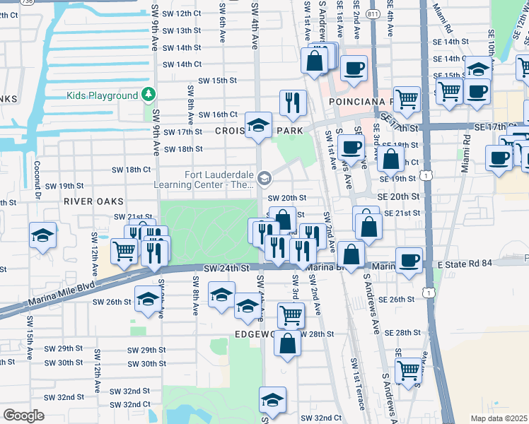map of restaurants, bars, coffee shops, grocery stores, and more near 341 Southwest 21st Street in Fort Lauderdale