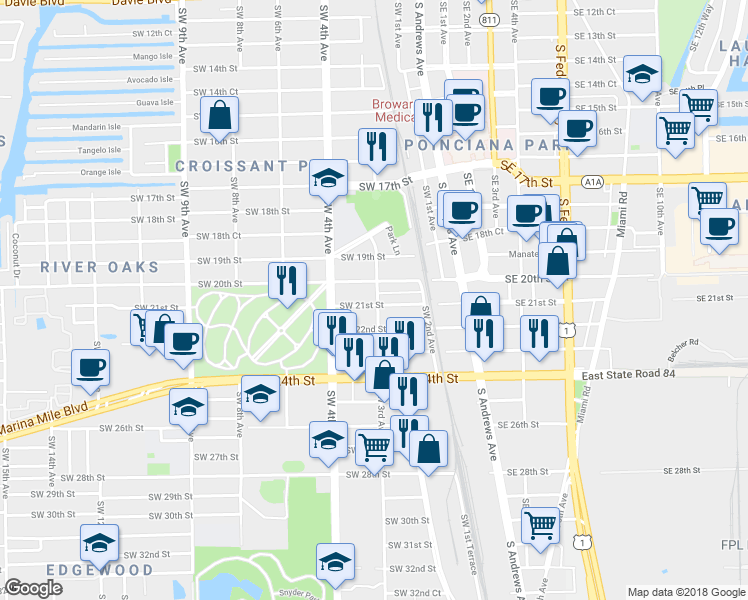 map of restaurants, bars, coffee shops, grocery stores, and more near 301 Southwest 21st Street in Fort Lauderdale