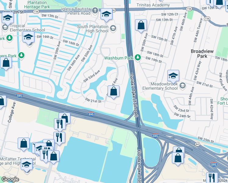 map of restaurants, bars, coffee shops, grocery stores, and more near 5170 Southwest 19th Street in Plantation