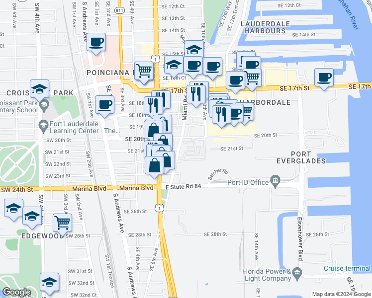 map of restaurants, bars, coffee shops, grocery stores, and more near 2100 Miami Road in Fort Lauderdale