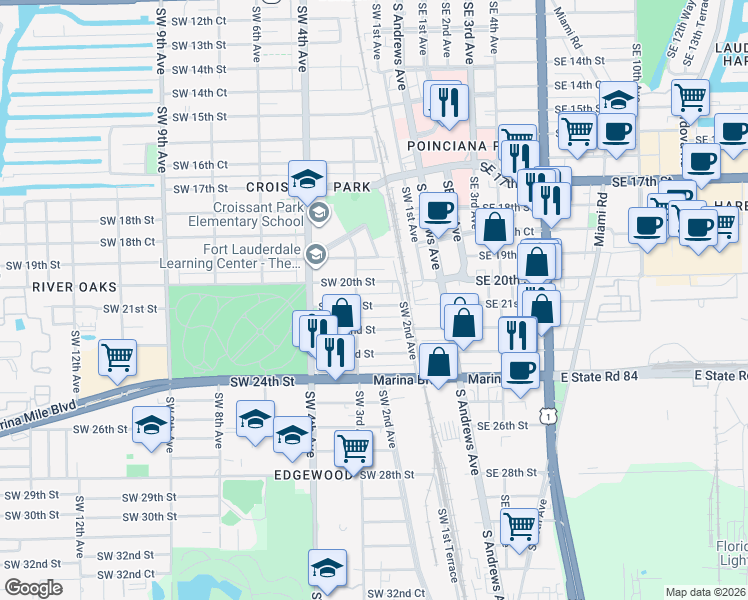 map of restaurants, bars, coffee shops, grocery stores, and more near 216 Southwest 21st Street in Fort Lauderdale