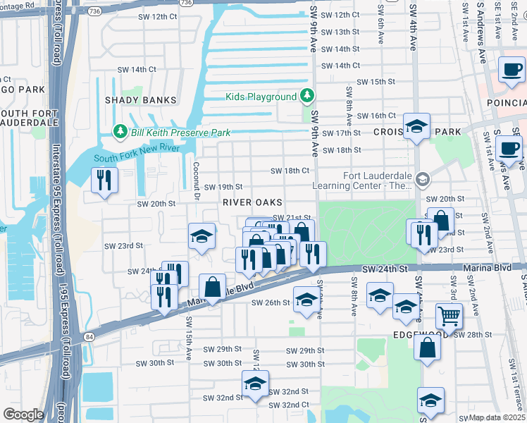 map of restaurants, bars, coffee shops, grocery stores, and more near 1200 Southwest 21st Street in Fort Lauderdale
