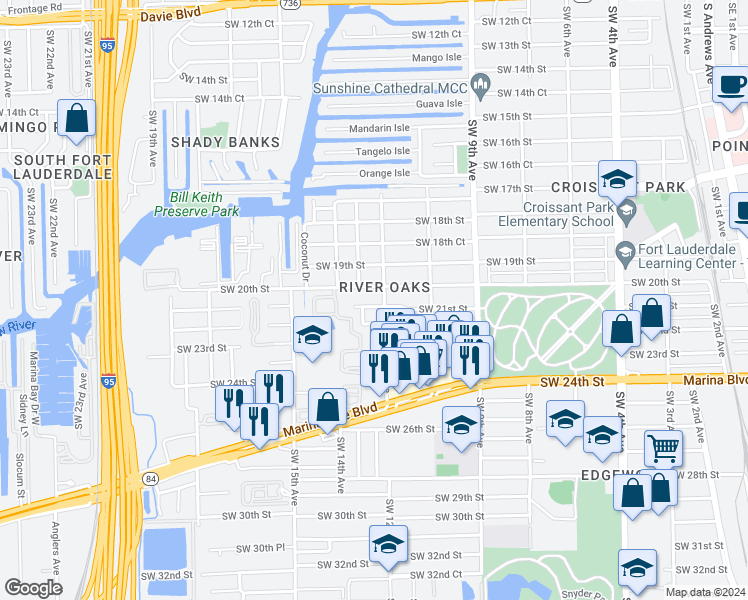 map of restaurants, bars, coffee shops, grocery stores, and more near 1200 Southwest 21st Street in Fort Lauderdale