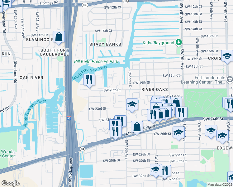 map of restaurants, bars, coffee shops, grocery stores, and more near 1521 Southwest 21st Street in Fort Lauderdale