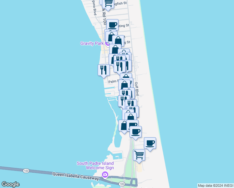 map of restaurants, bars, coffee shops, grocery stores, and more near 113 West Sunny Isle Drive in South Padre Island
