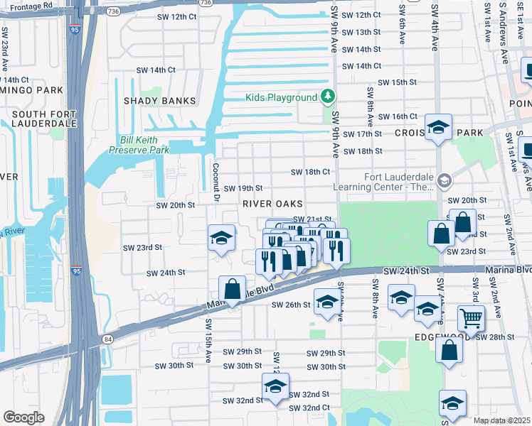 map of restaurants, bars, coffee shops, grocery stores, and more near 1200 Southwest 21st Street in Fort Lauderdale