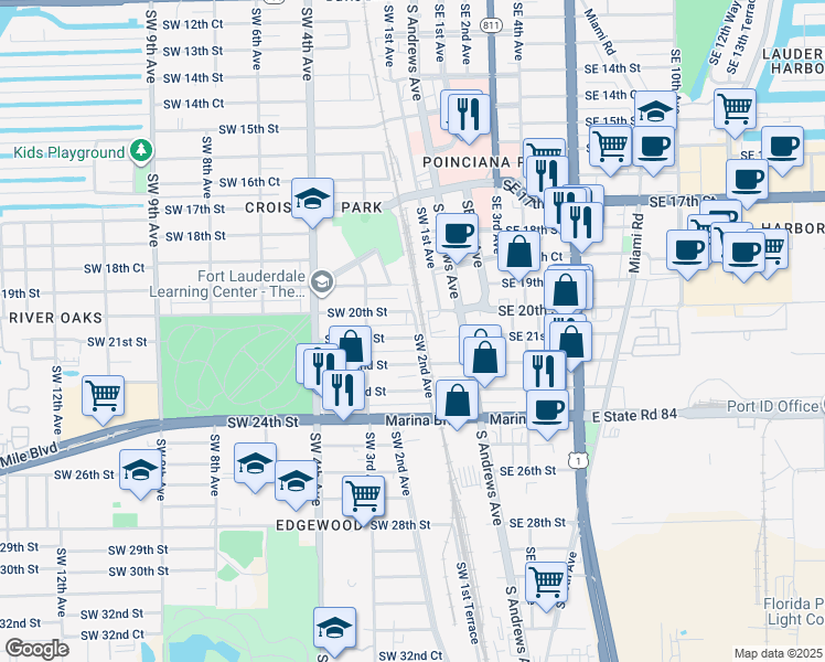 map of restaurants, bars, coffee shops, grocery stores, and more near 216 Southwest 21st Street in Fort Lauderdale
