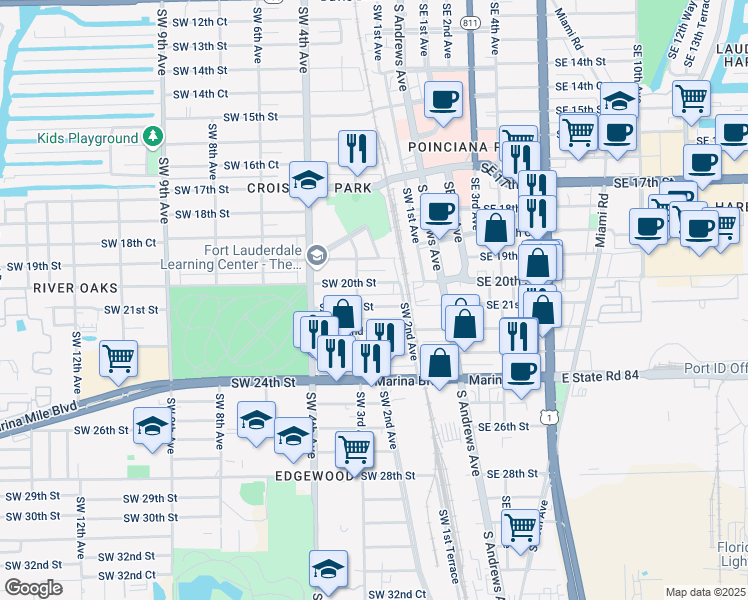 map of restaurants, bars, coffee shops, grocery stores, and more near 233 Southwest 21st Street in Fort Lauderdale