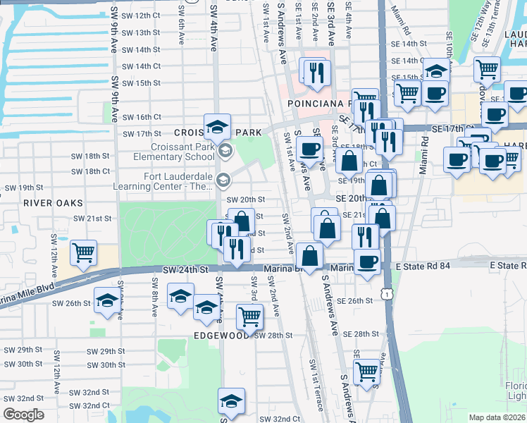 map of restaurants, bars, coffee shops, grocery stores, and more near 216 Southwest 21st Street in Fort Lauderdale