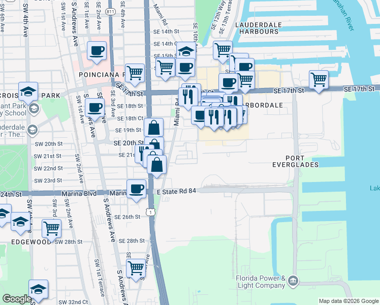 map of restaurants, bars, coffee shops, grocery stores, and more near 2039 Southeast 10th Avenue in Fort Lauderdale