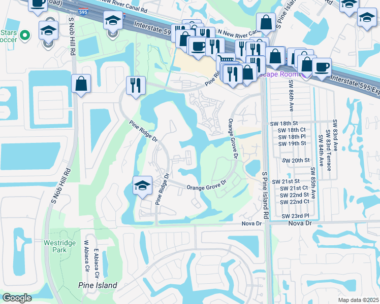 map of restaurants, bars, coffee shops, grocery stores, and more near 9235 Lagoon Place in Davie