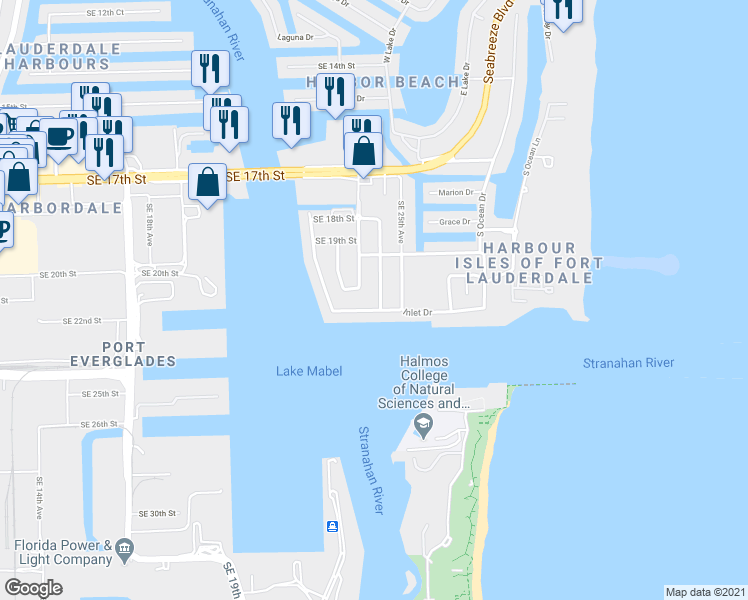 map of restaurants, bars, coffee shops, grocery stores, and more near 2401 Inlet Drive in Fort Lauderdale