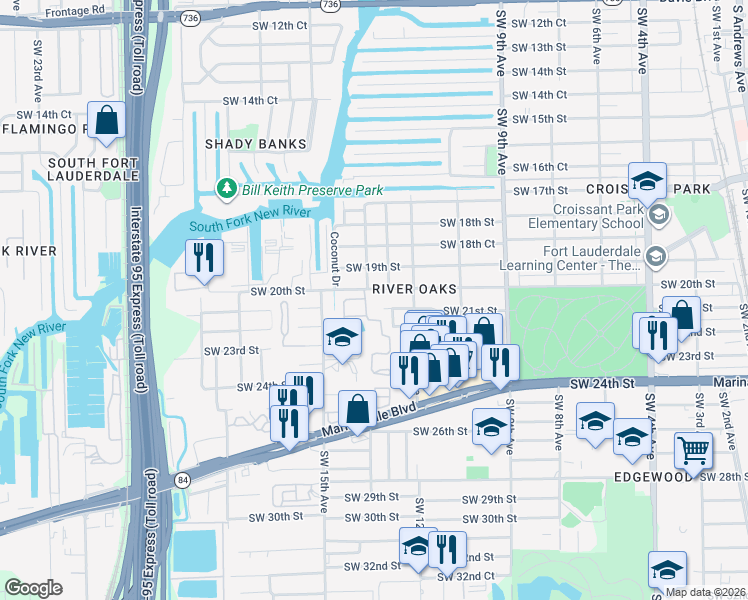 map of restaurants, bars, coffee shops, grocery stores, and more near 21 The Common in Fort Lauderdale