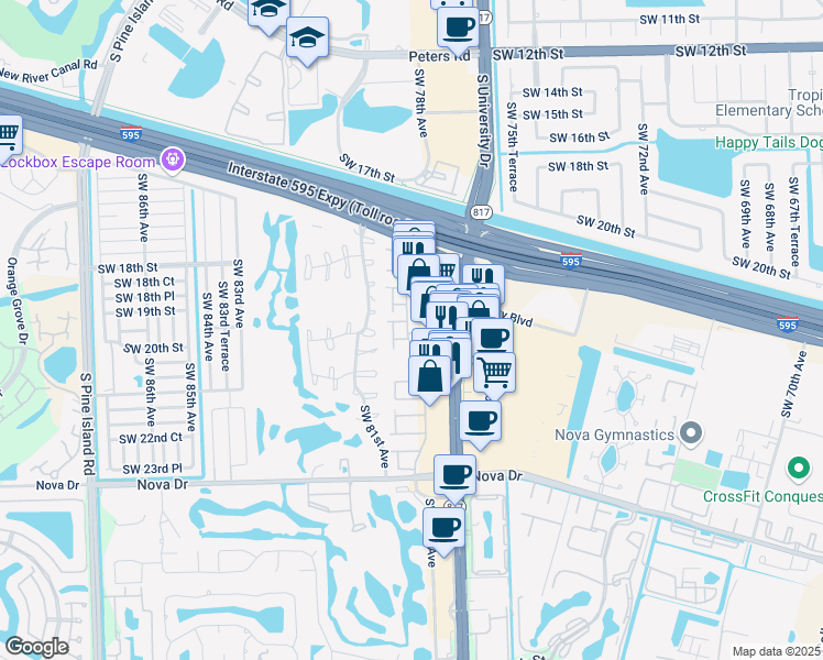 map of restaurants, bars, coffee shops, grocery stores, and more near 30 North Valencia Drive in Davie
