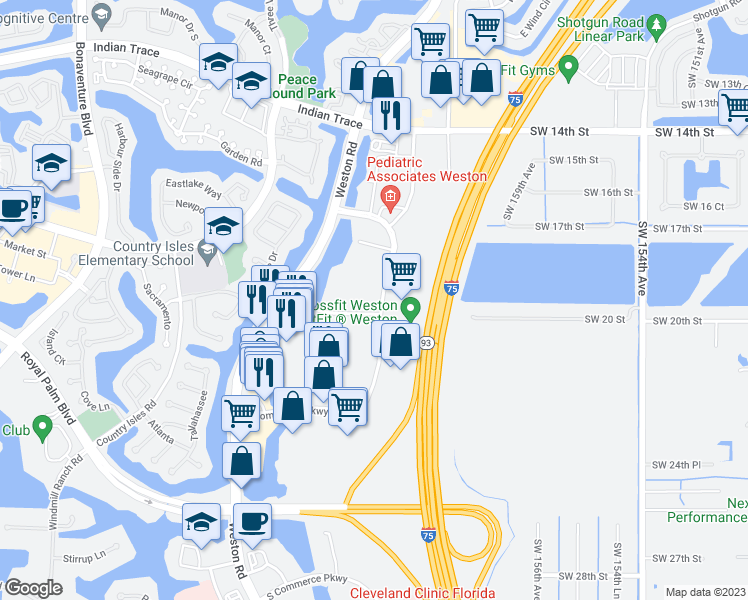 map of restaurants, bars, coffee shops, grocery stores, and more near 1825 North Corporate Lakes Boulevard in Weston