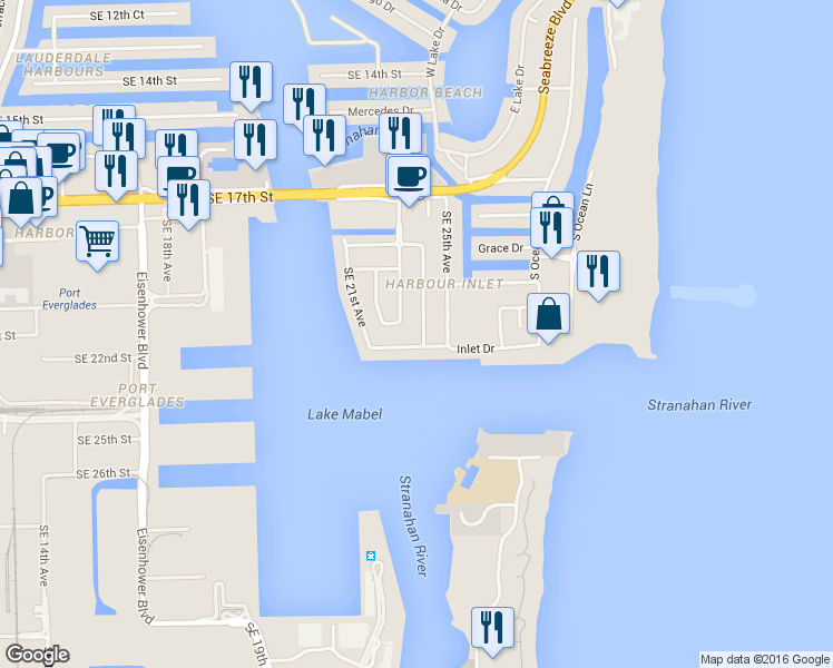 map of restaurants, bars, coffee shops, grocery stores, and more near 2401 Inlet Drive in Fort Lauderdale