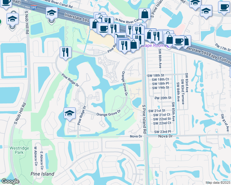 map of restaurants, bars, coffee shops, grocery stores, and more near 1705 Whitehall Drive in Davie