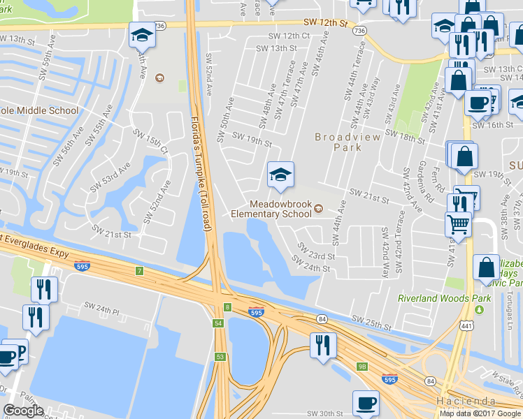 map of restaurants, bars, coffee shops, grocery stores, and more near 4640 Southwest 24th Street in Fort Lauderdale