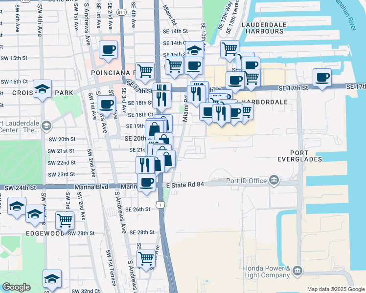 map of restaurants, bars, coffee shops, grocery stores, and more near 2100 Miami Road in Fort Lauderdale