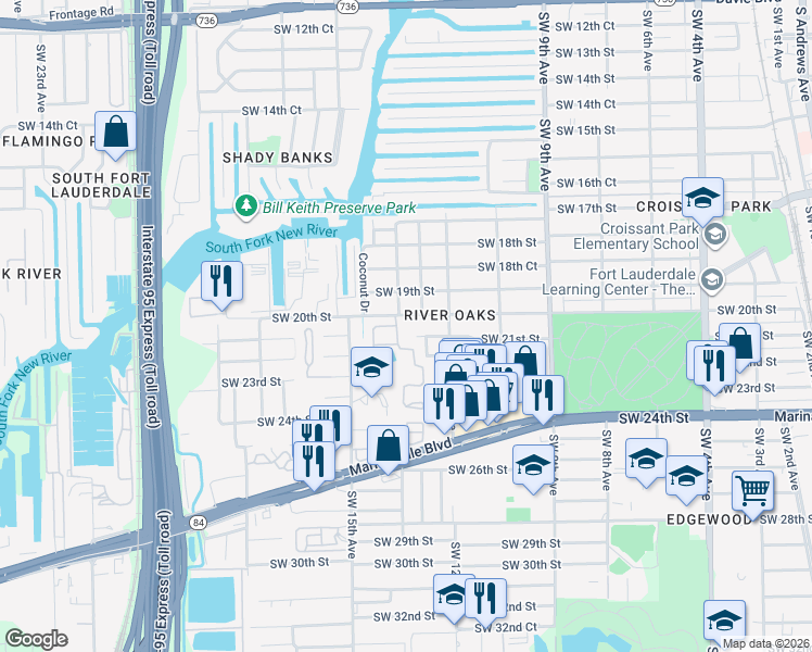 map of restaurants, bars, coffee shops, grocery stores, and more near 21 The Common in Fort Lauderdale