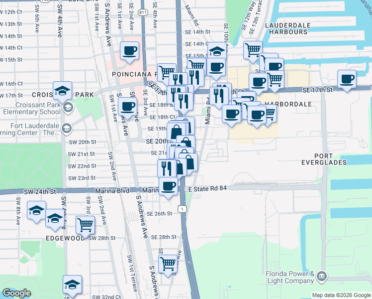 map of restaurants, bars, coffee shops, grocery stores, and more near 704 Southeast 21st Street in Fort Lauderdale