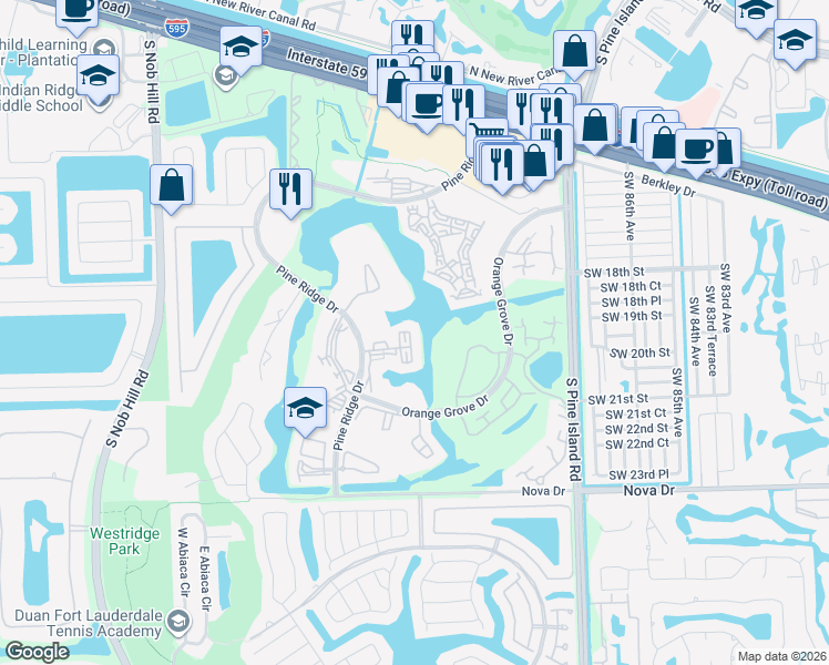 map of restaurants, bars, coffee shops, grocery stores, and more near 9301 Lagoon Place in Davie