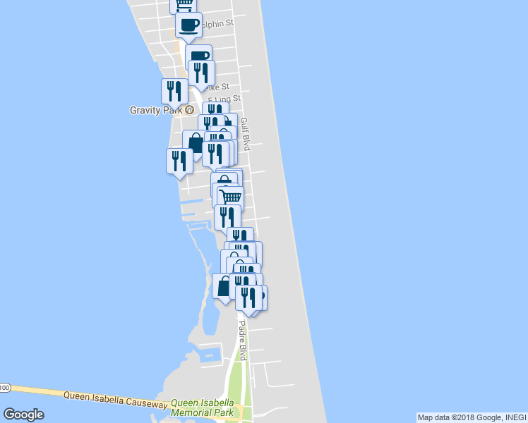 map of restaurants, bars, coffee shops, grocery stores, and more near 1500 Gulf Boulevard in South Padre Island