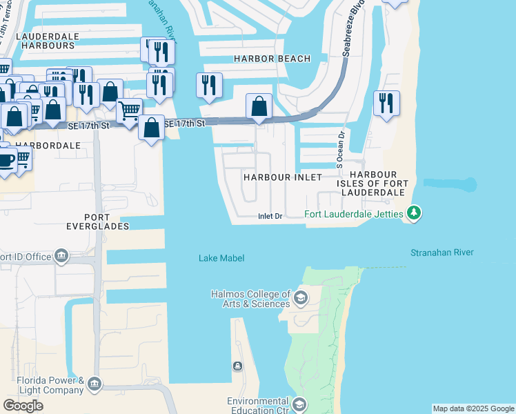 map of restaurants, bars, coffee shops, grocery stores, and more near 2201 Inlet Drive in Fort Lauderdale