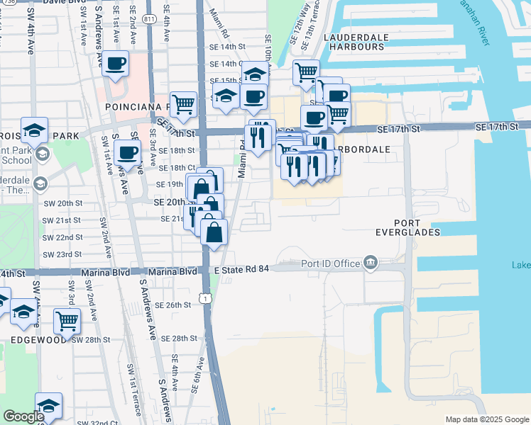 map of restaurants, bars, coffee shops, grocery stores, and more near 2039 Southeast 10th Avenue in Fort Lauderdale
