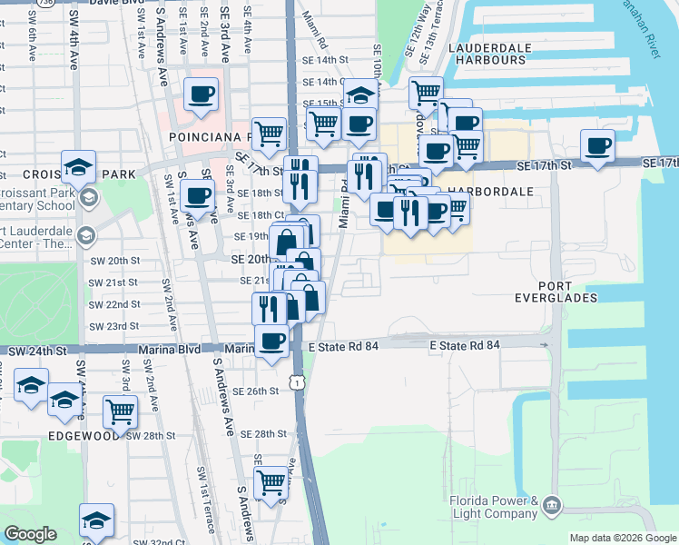 map of restaurants, bars, coffee shops, grocery stores, and more near 2100 Miami Road in Fort Lauderdale