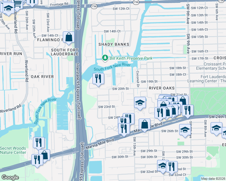 map of restaurants, bars, coffee shops, grocery stores, and more near 2020 Southwest 18th Avenue in Fort Lauderdale