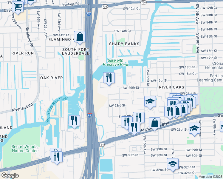 map of restaurants, bars, coffee shops, grocery stores, and more near 1885 Southwest 21st Street in Fort Lauderdale