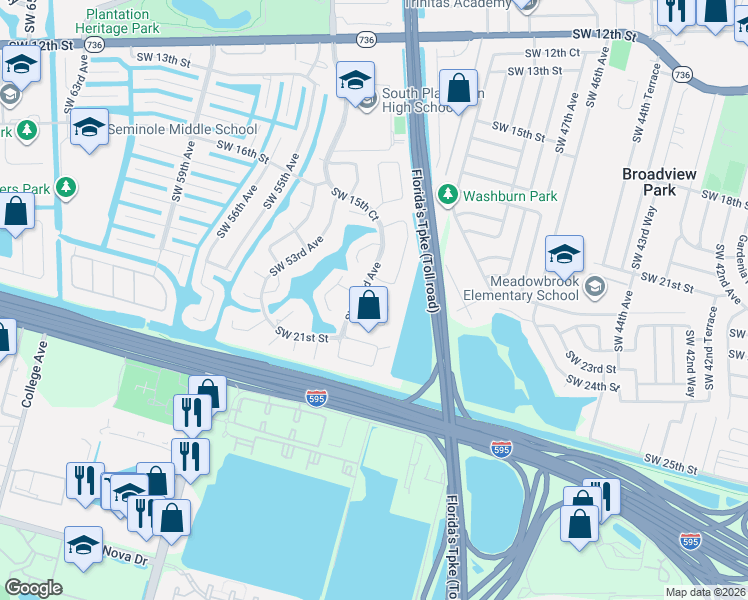 map of restaurants, bars, coffee shops, grocery stores, and more near 5170 Southwest 19th Street in Plantation