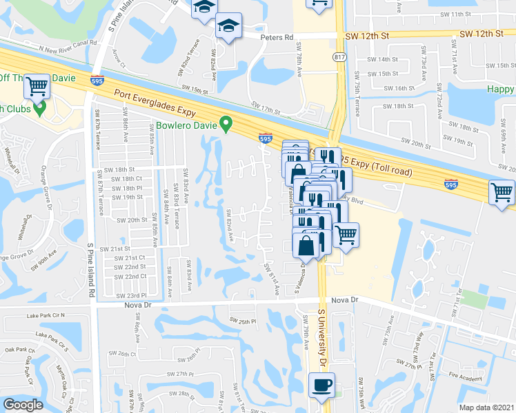 map of restaurants, bars, coffee shops, grocery stores, and more near 8050 Southwest 20th Court in Davie
