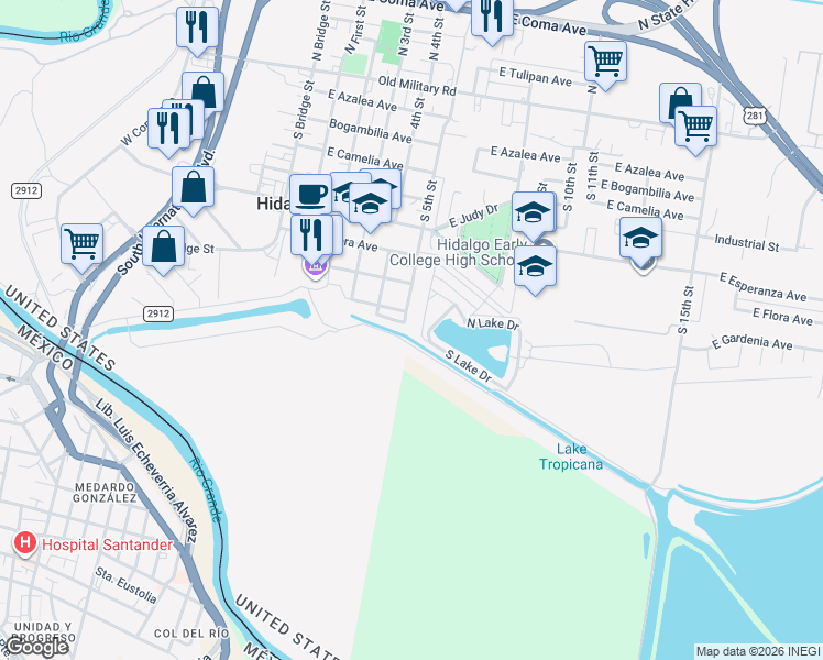 map of restaurants, bars, coffee shops, grocery stores, and more near 907 South 5th Street in Hidalgo