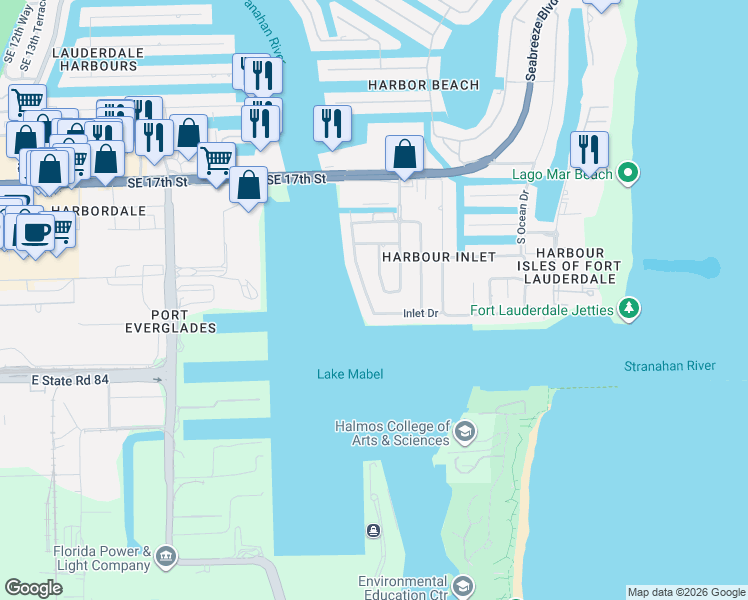 map of restaurants, bars, coffee shops, grocery stores, and more near 2201 Inlet Drive in Fort Lauderdale
