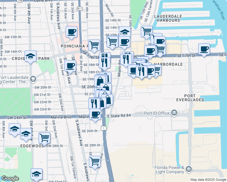 map of restaurants, bars, coffee shops, grocery stores, and more near 2100 Miami Road in Fort Lauderdale