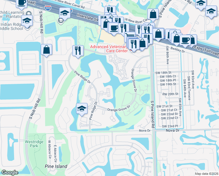 map of restaurants, bars, coffee shops, grocery stores, and more near 9301 Lagoon Place in Davie