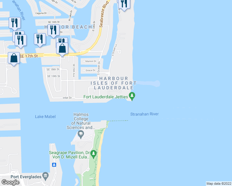 map of restaurants, bars, coffee shops, grocery stores, and more near 2200 South Ocean Lane in Fort Lauderdale