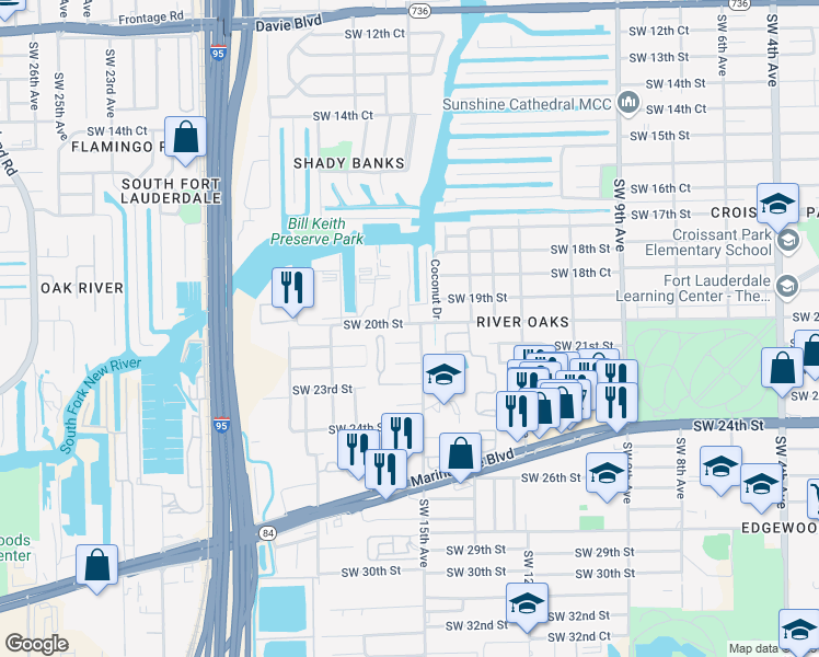 map of restaurants, bars, coffee shops, grocery stores, and more near 1521 Southwest 21st Street in Fort Lauderdale