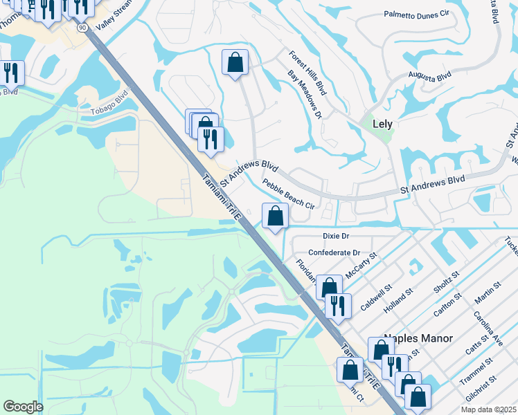 map of restaurants, bars, coffee shops, grocery stores, and more near 9001 Tamiami Trail East in Naples