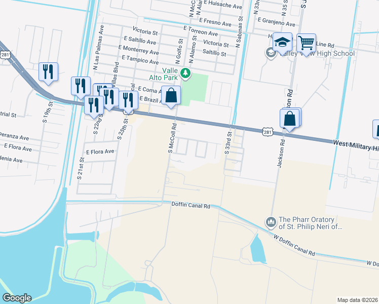 map of restaurants, bars, coffee shops, grocery stores, and more near 416 30th Street in Hidalgo