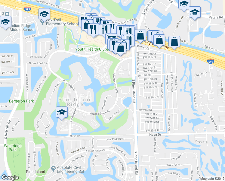 map of restaurants, bars, coffee shops, grocery stores, and more near 1705 Whitehall Drive in Davie