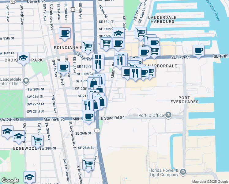 map of restaurants, bars, coffee shops, grocery stores, and more near 2100 Miami Road in Fort Lauderdale