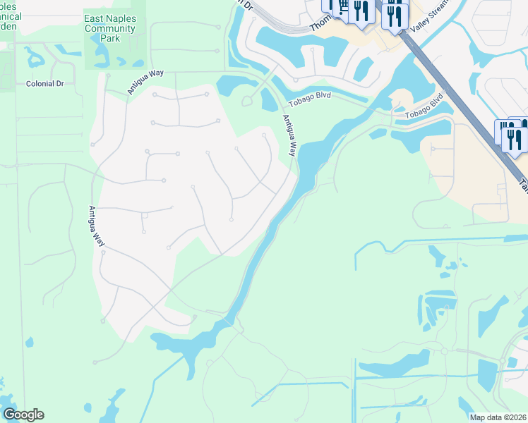 map of restaurants, bars, coffee shops, grocery stores, and more near Antigua Way in Naples