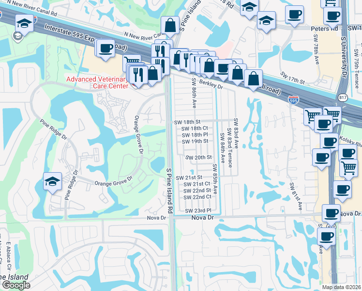 map of restaurants, bars, coffee shops, grocery stores, and more near 1961 Southwest 87th Terrace in Davie
